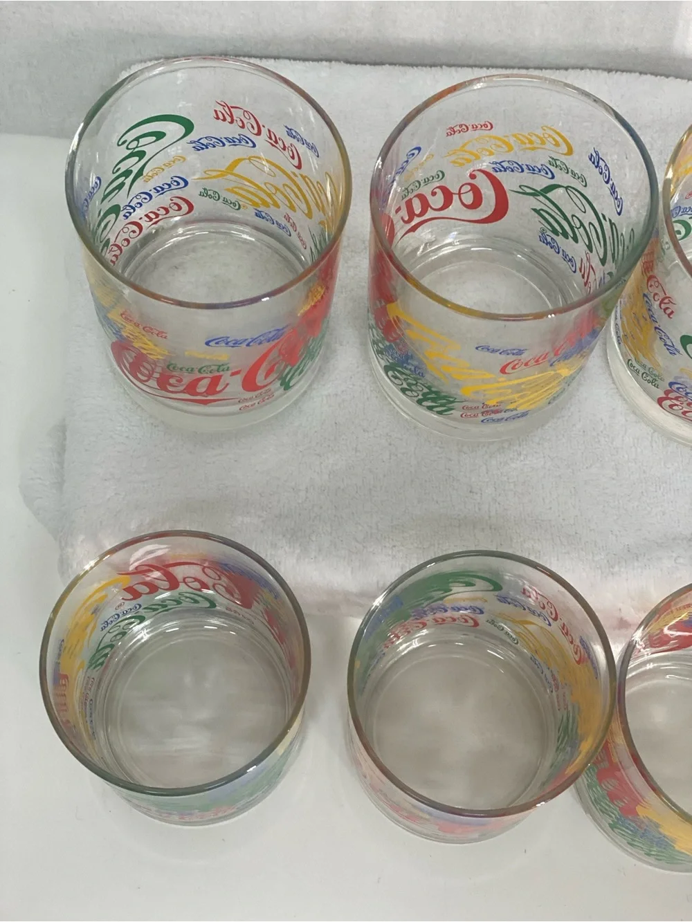 Coca Cola Set of 6 Multicolor Logo Glass 12 ounce Retro Repeated Logo Colorful